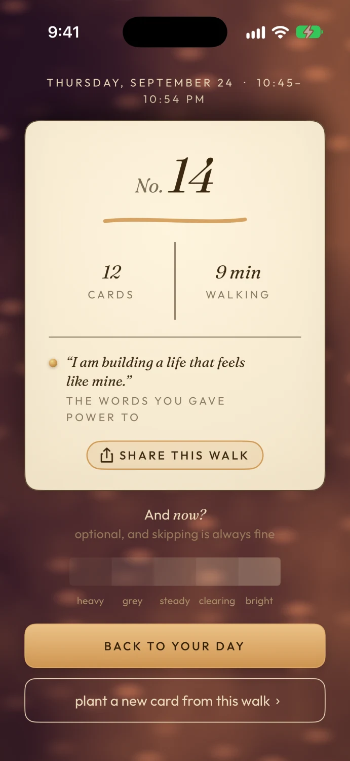 A walk receipt: No. 14, 12 cards, 9 minutes, and the words you gave power to.