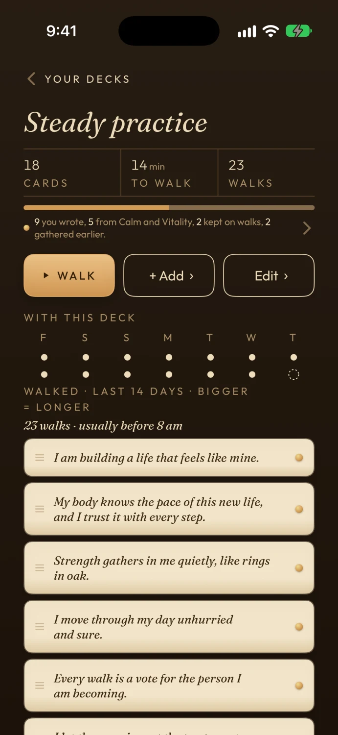 A deck named Steady practice: 18 cards, 14 minutes to walk, 23 walks, and the list of affirmations.