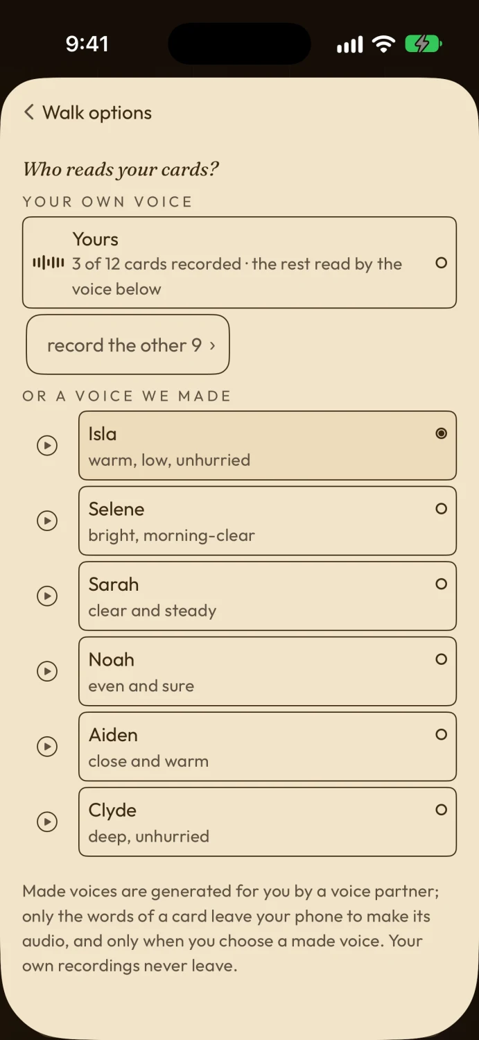 The voice picker: your own voice first, then made voices Isla, Selene, Sarah, Noah, Aiden and Clyde.
